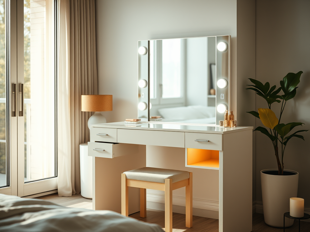 a white vanity with lights on it